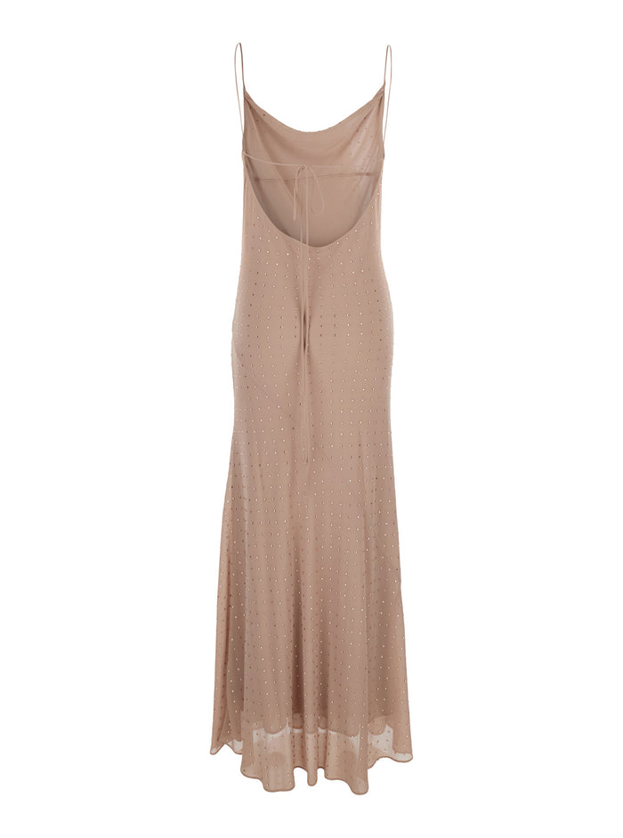 Long Dress with Draped Neckline and Open Back in Beige Tech Fabric for Women Polyester