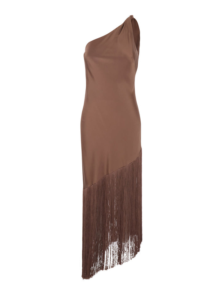 Dress Lorenzo Brown with Asymmetrical Design and Fringes in Tech Fabric for Women Long