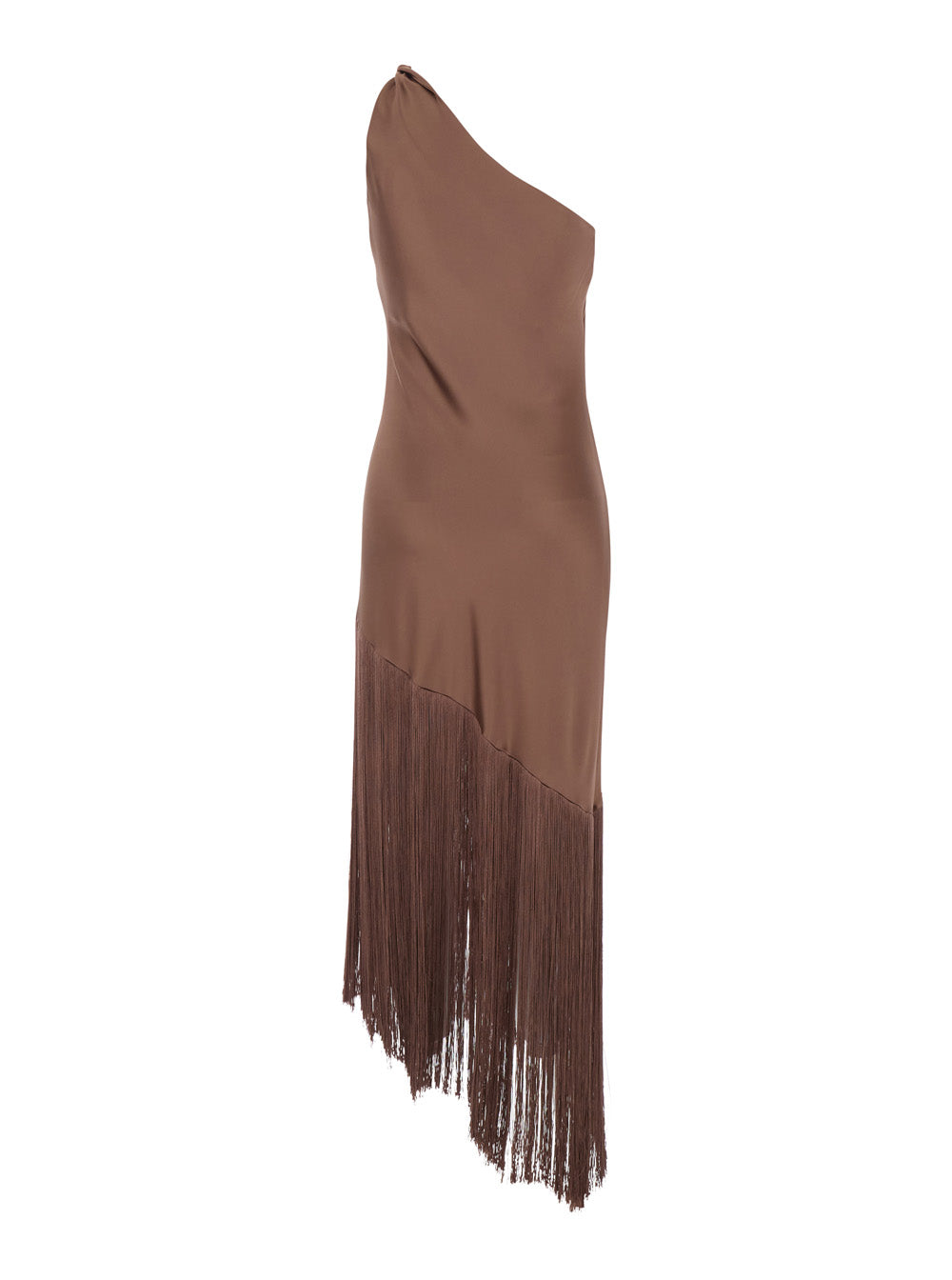 Dress Lorenzo Brown with Asymmetrical Design and Fringes in Tech Fabric for Women Long