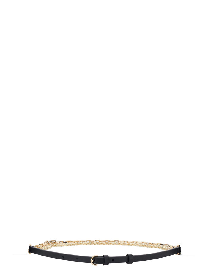 Black Leather Belt With Chain Detail For Women