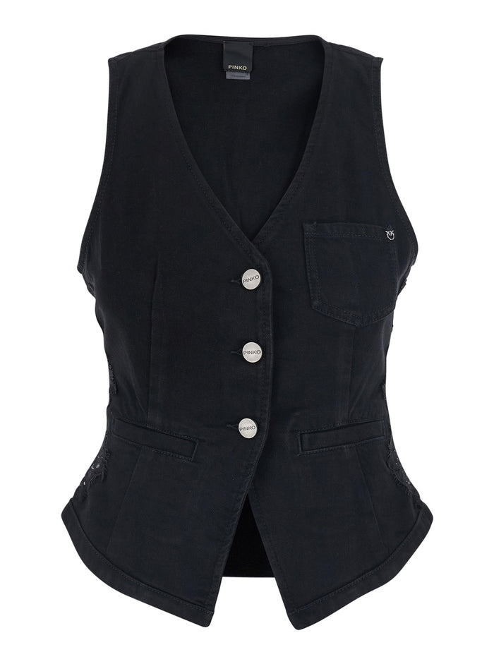 GARDENER GILET - Black with Front Closure and Pockets Cotton Women Blazers