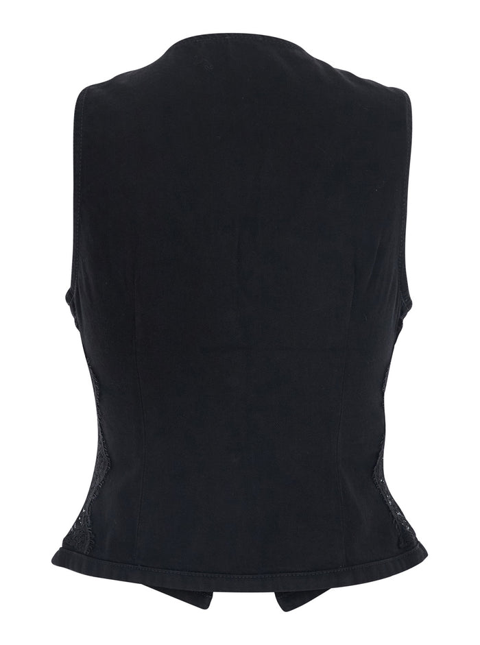 GARDENER GILET - Black with Front Closure and Pockets Cotton Women Blazers