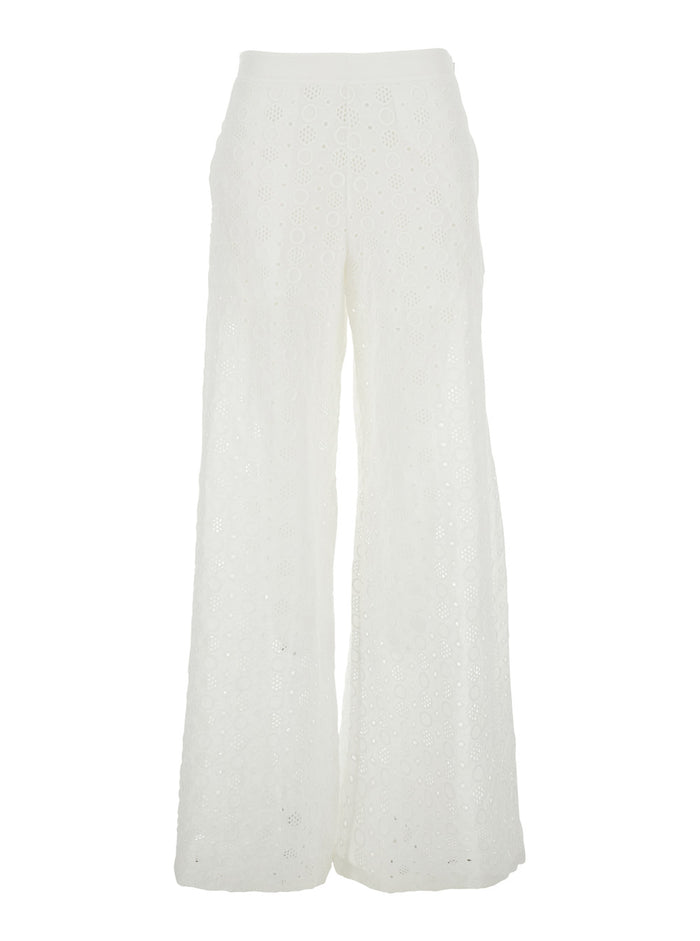 White Womens Cotton Perforated Design Pants Trousers