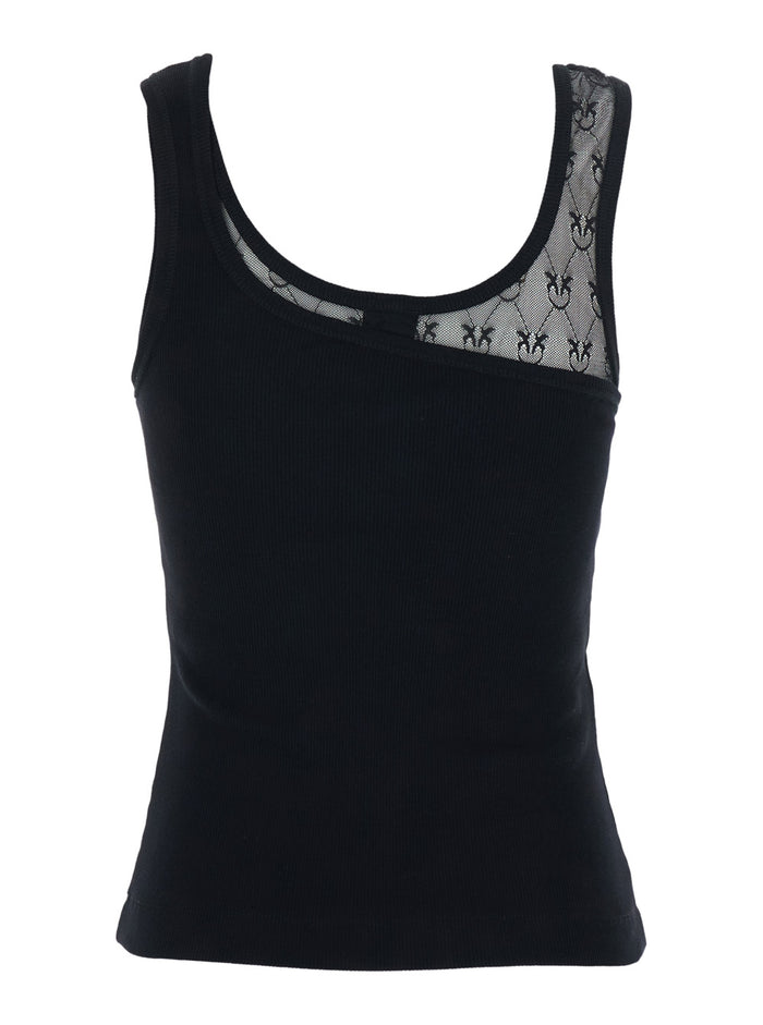 Sleeveless Top with Love Birds Embroidery on the Strap in Black Stretch Cotton for Women Elastane Tops
