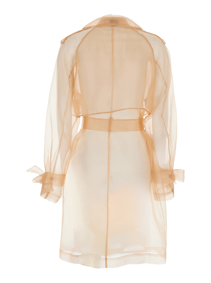 Coco Double-breasted Trench with Notched Revers and Silk Organza Waist Belt Pink Women Outerwear
