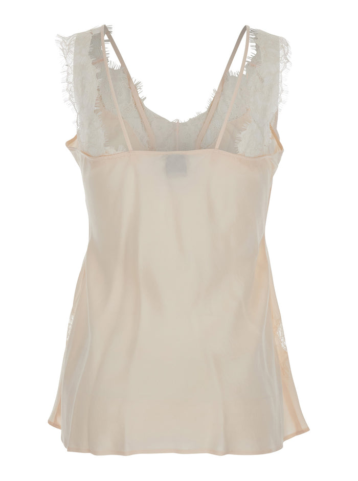 Top PINKO with V-neck and lace details in pink viscose for women Tops