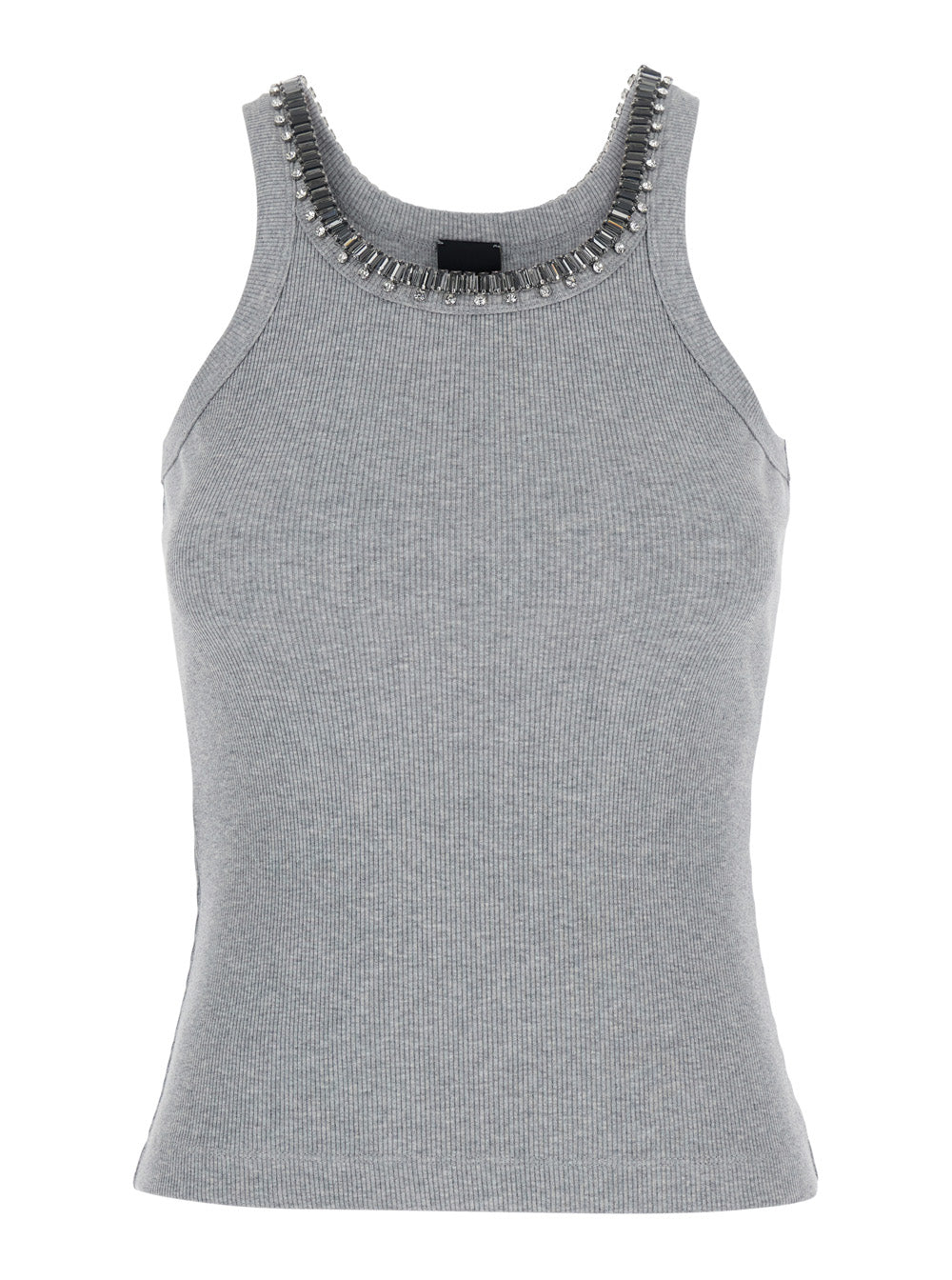 Cotton Womens Gray Ribbed Top with Neck Details Grey Tops