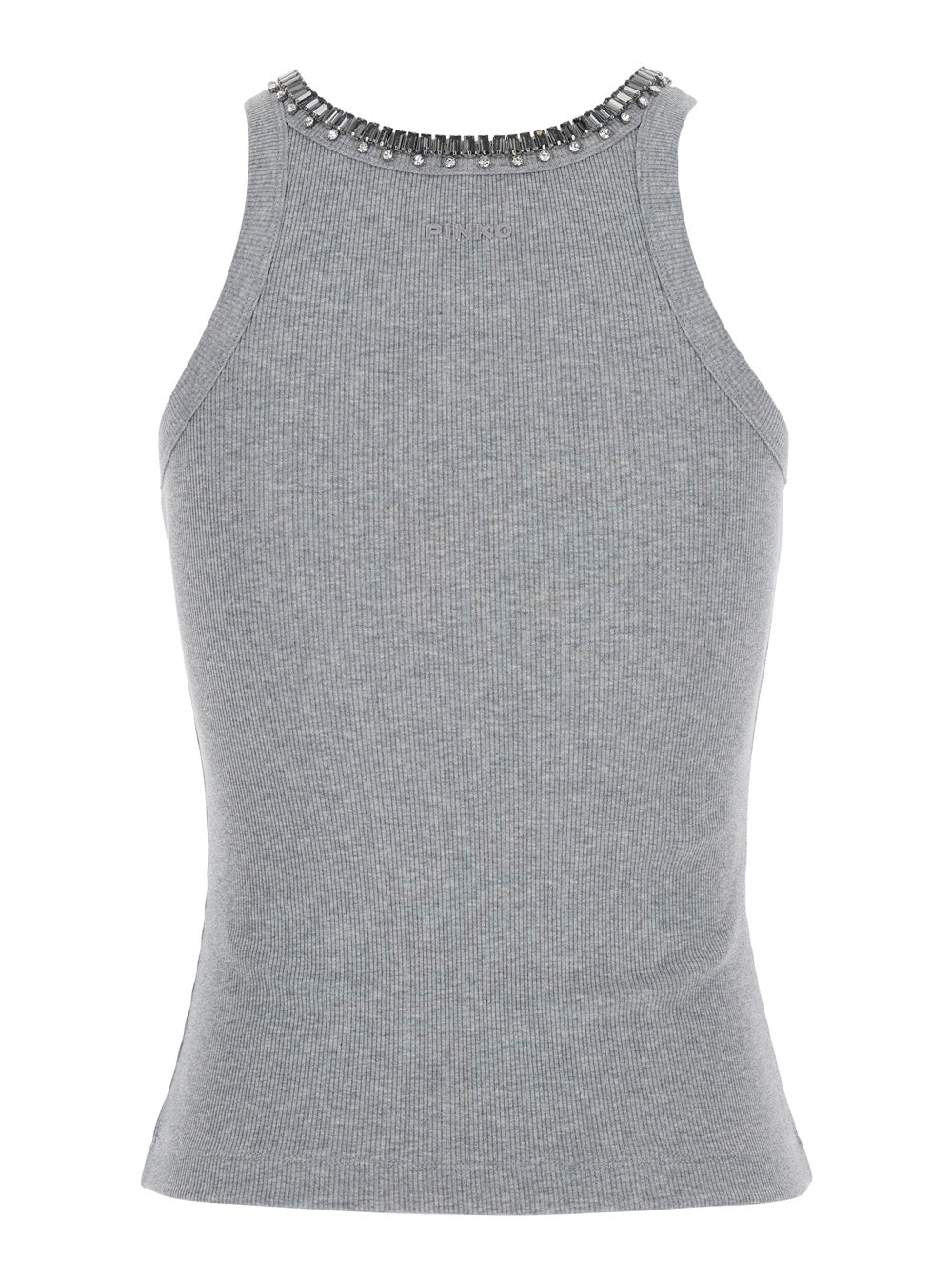 Cotton Womens Gray Ribbed Top with Neck Details Grey Tops