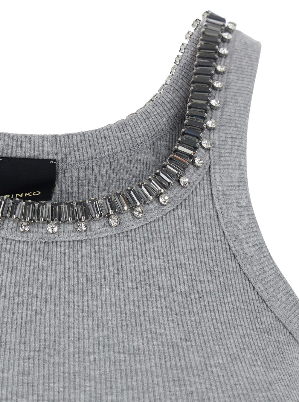 Cotton Womens Gray Ribbed Top with Neck Details Grey Tops