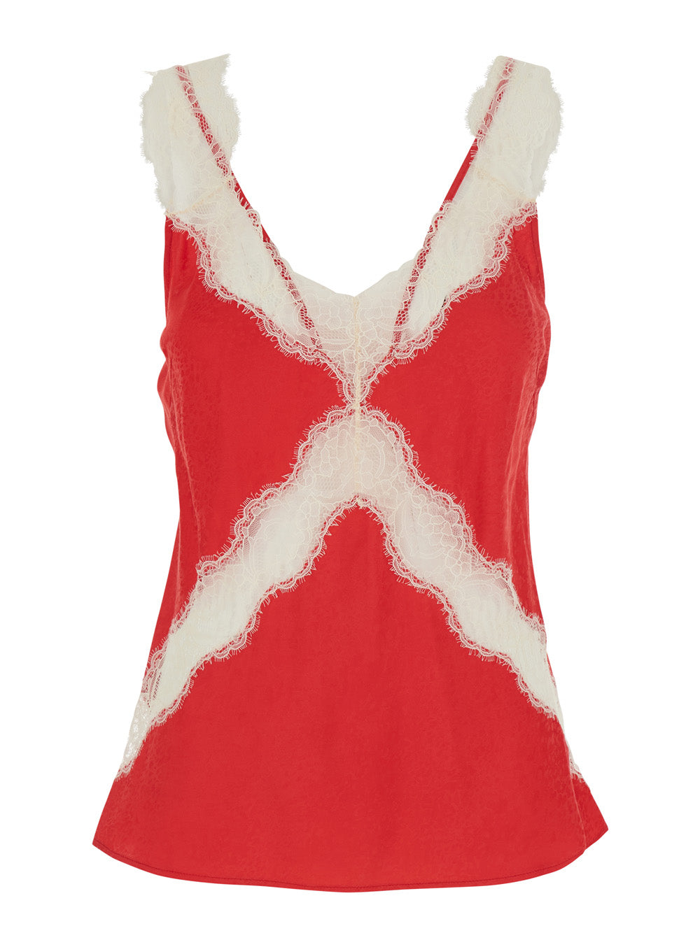 Satin Jacquard Top With Lace And Round Neck, Red, Woman Tops