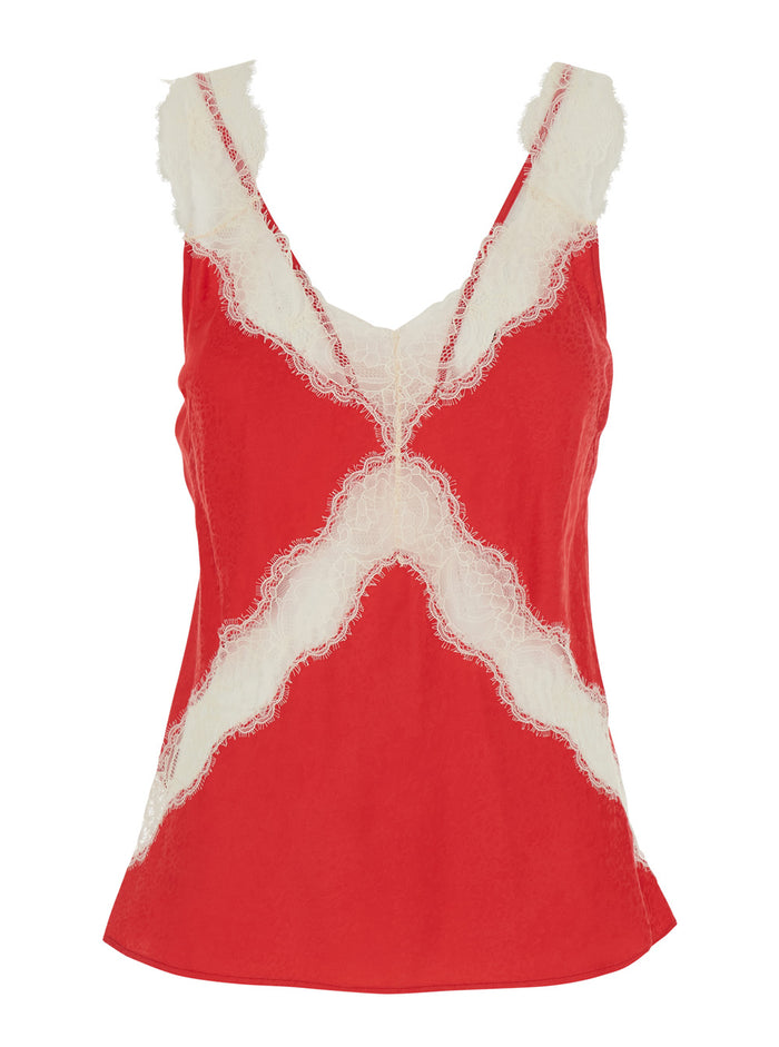 Satin Jacquard Top With Lace And Round Neck, Red, Woman Tops