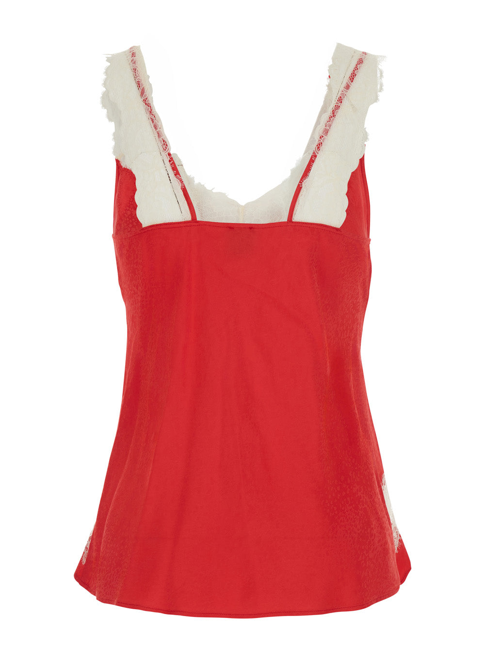 Satin Jacquard Top With Lace And Round Neck, Red, Woman Tops