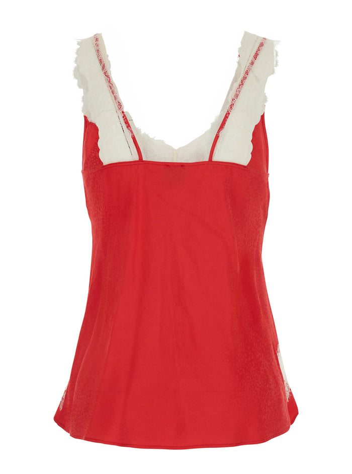 Satin Jacquard Top With Lace And Round Neck, Red, Woman Tops