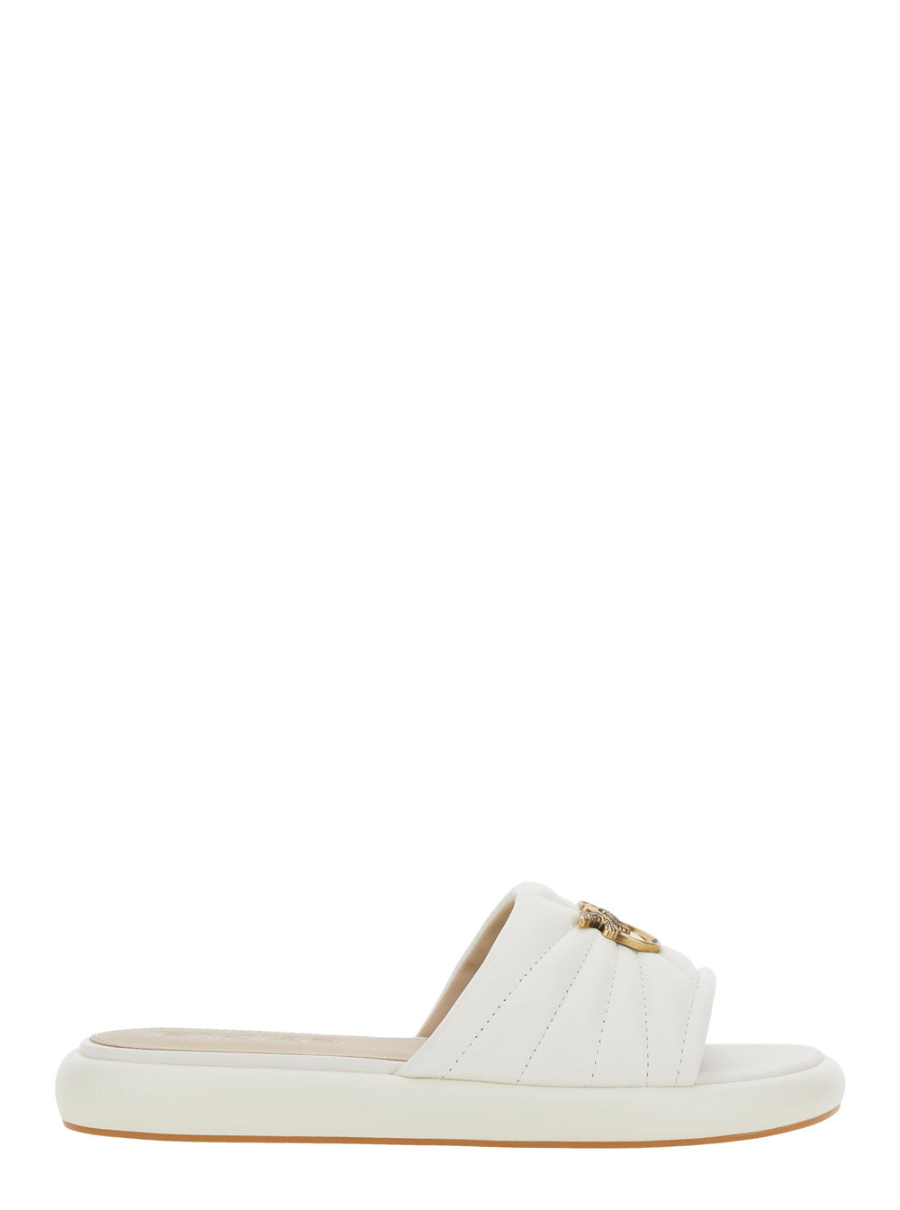 Fiona Chunky Design Slippers with Love Birds Logo Plate in White Leather for Women Sheep Flat Shoes