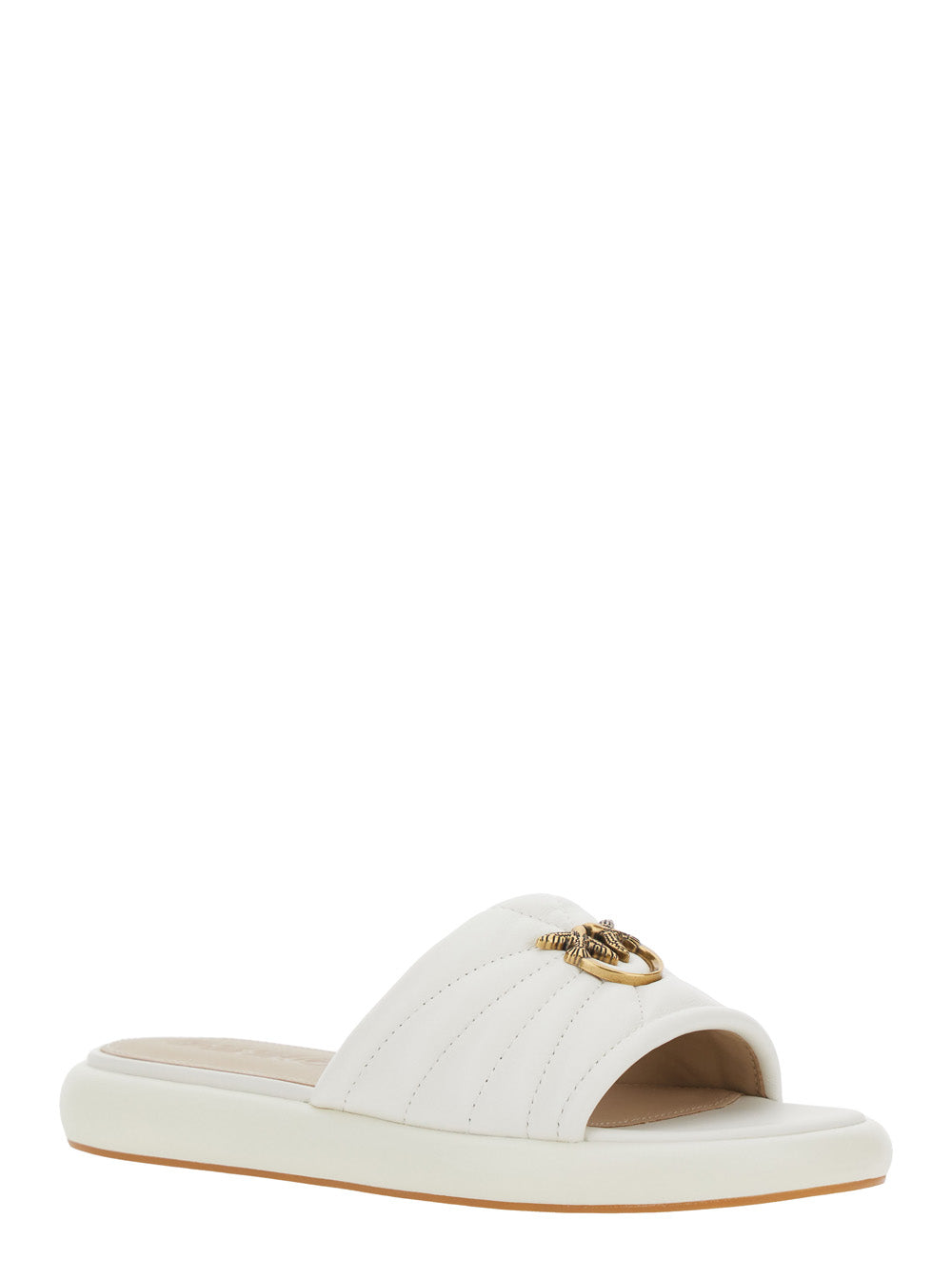 Fiona Chunky Design Slippers with Love Birds Logo Plate in White Leather for Women Sheep Flat Shoes