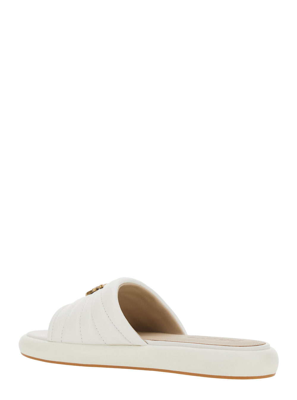 Fiona Chunky Design Slippers with Love Birds Logo Plate in White Leather for Women Sheep Flat Shoes