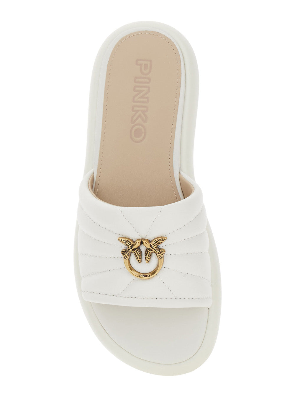 Fiona Chunky Design Slippers with Love Birds Logo Plate in White Leather for Women Sheep Flat Shoes