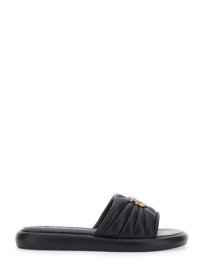 Fiona Slides with Chunky Design and Love Birds Logo Plate in Black Leather for Women Sheep Flat Shoes