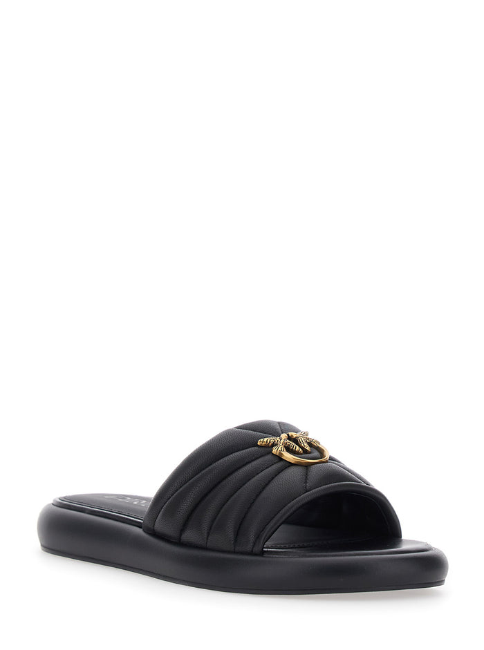 Fiona Slides with Chunky Design and Love Birds Logo Plate in Black Leather for Women Sheep Flat Shoes