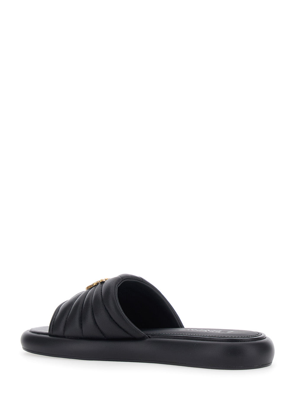 Fiona Slides with Chunky Design and Love Birds Logo Plate in Black Leather for Women Sheep Flat Shoes