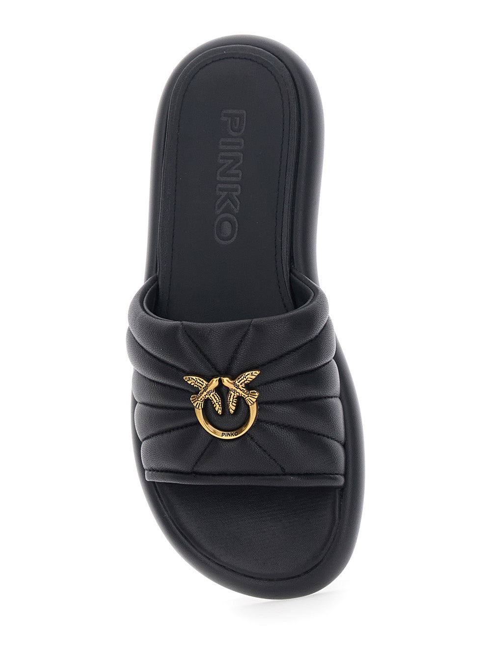 Fiona Slides with Chunky Design and Love Birds Logo Plate in Black Leather for Women Sheep Flat Shoes