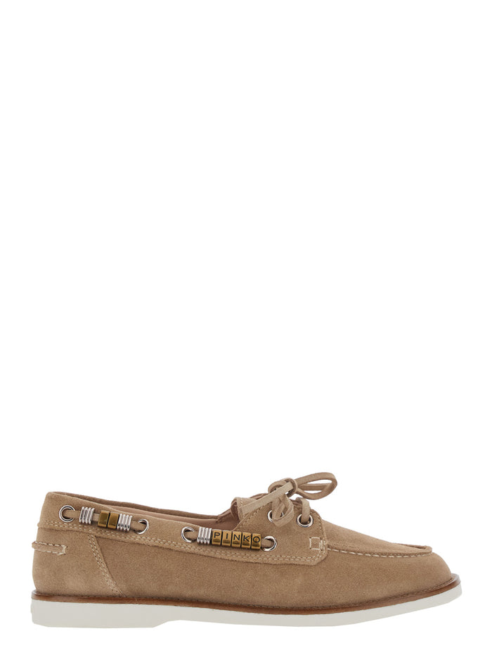 Grace Loafers with Side Laces and Logo Details in Beige Suede for Women Calf
