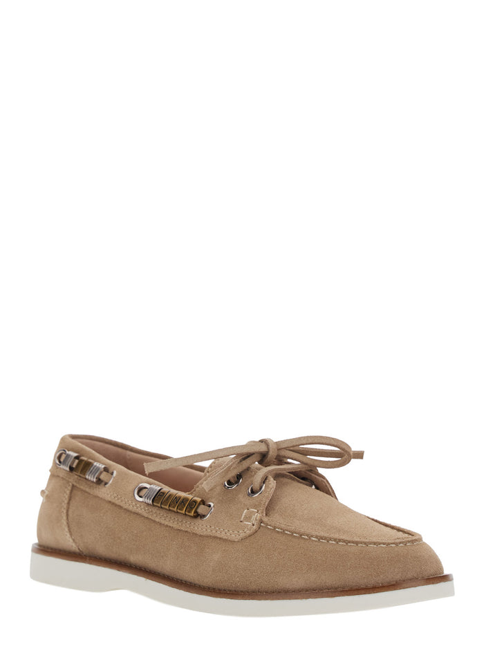 Grace Loafers with Side Laces and Logo Details in Beige Suede for Women Calf
