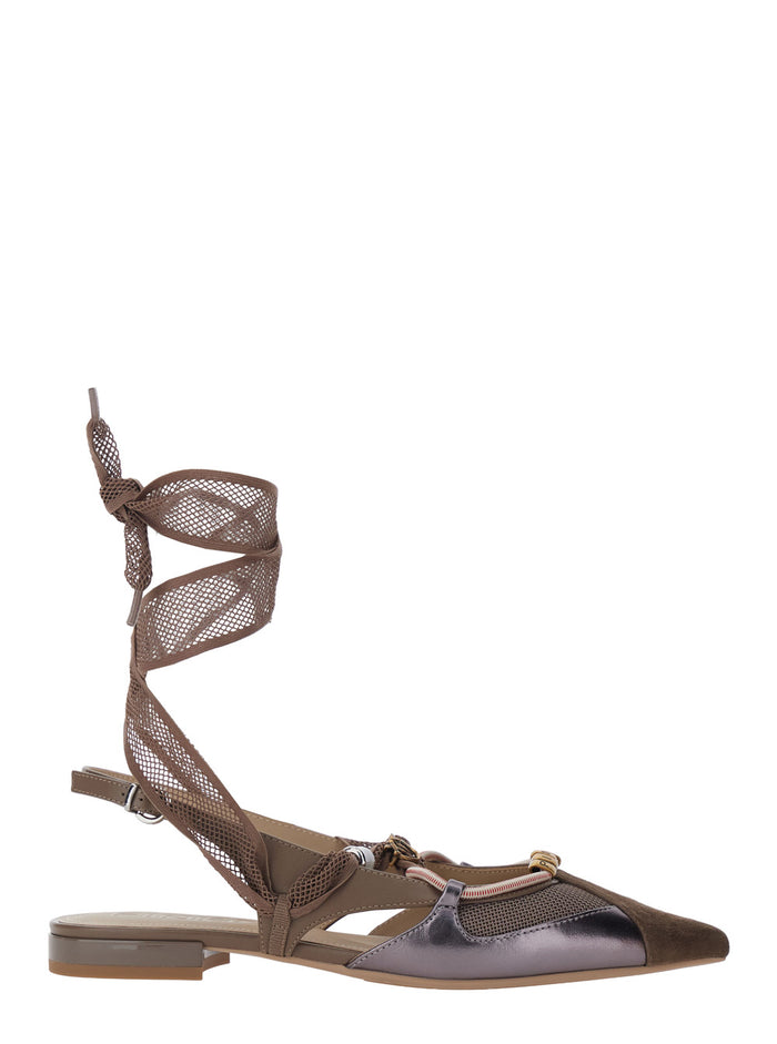 Gianira Ballet Shoes with Pointed Design and Decorative Ankle Strap in Leather Brown Fabric for Women Goat Cow Polyester Ballerinas