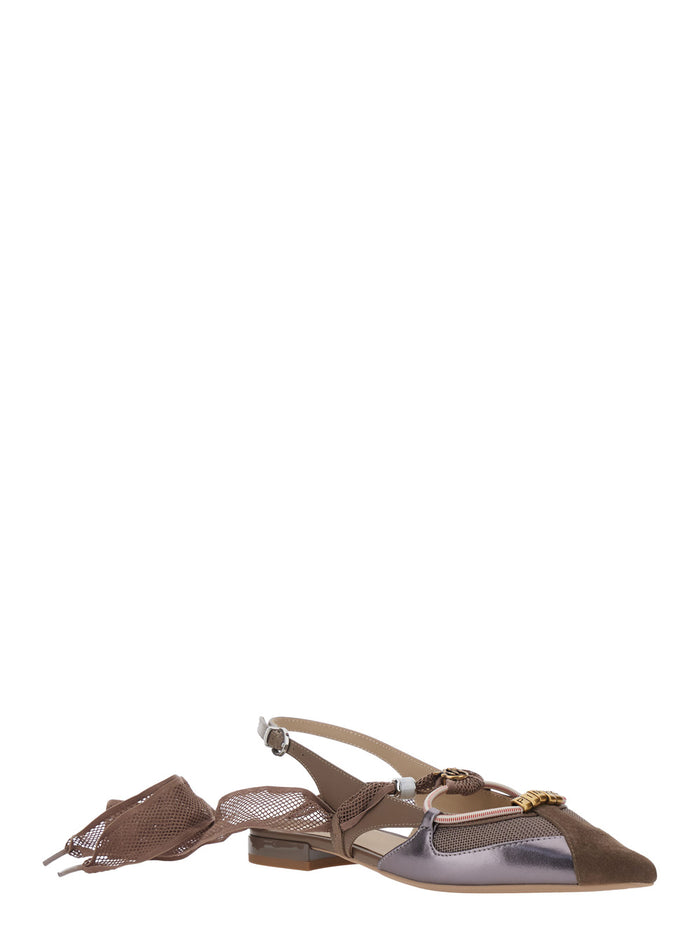Gianira Ballet Shoes with Pointed Design and Decorative Ankle Strap in Leather Brown Fabric for Women Goat Cow Polyester Ballerinas