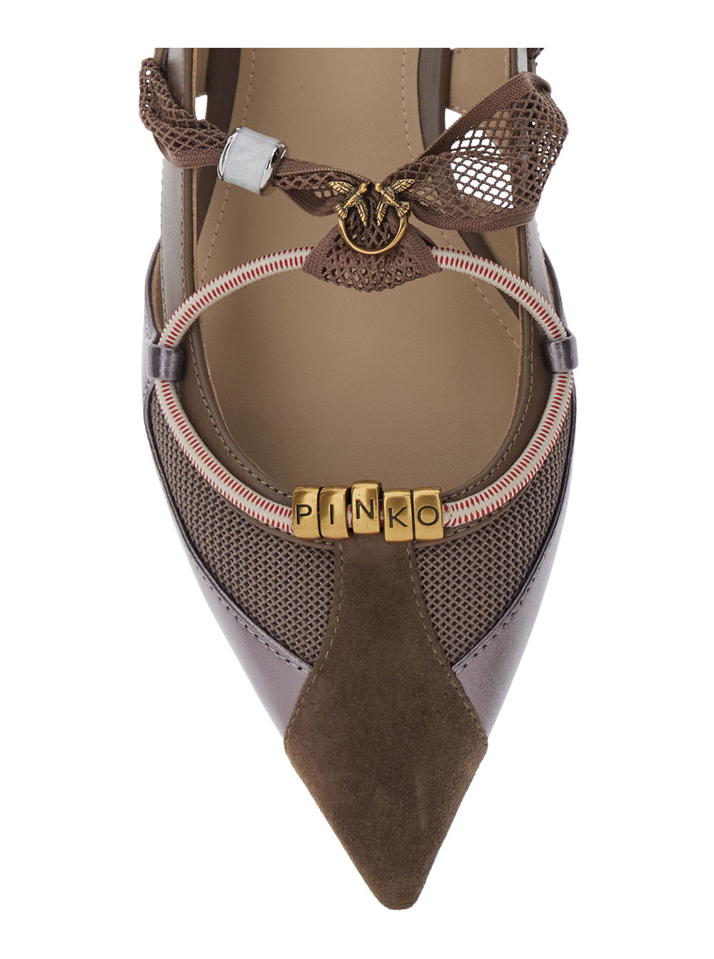 Gianira Ballet Shoes with Pointed Design and Decorative Ankle Strap in Leather Brown Fabric for Women Goat Cow Polyester Ballerinas