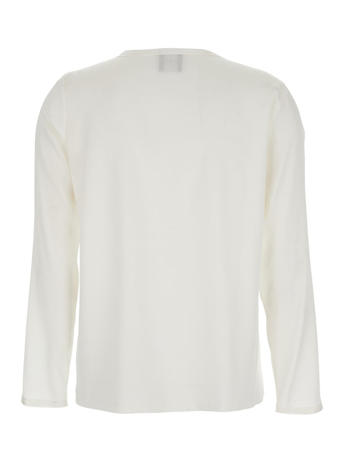 White Silk Blouse with Round Neck and Long Sleeves Woman Elastane Shirts Blouses