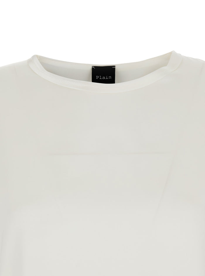 White Silk Blouse with Round Neck and Long Sleeves Woman Elastane Shirts Blouses