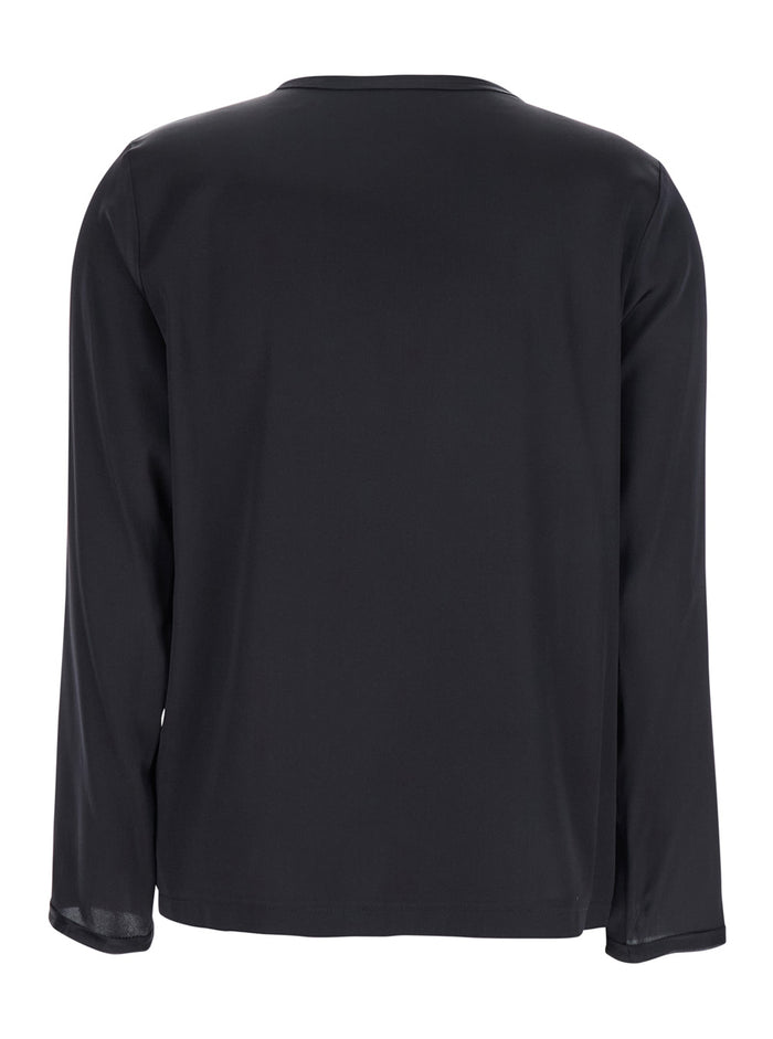 Black Silk Long Sleeve Blouse for Women Elastane Shirts And Blouses