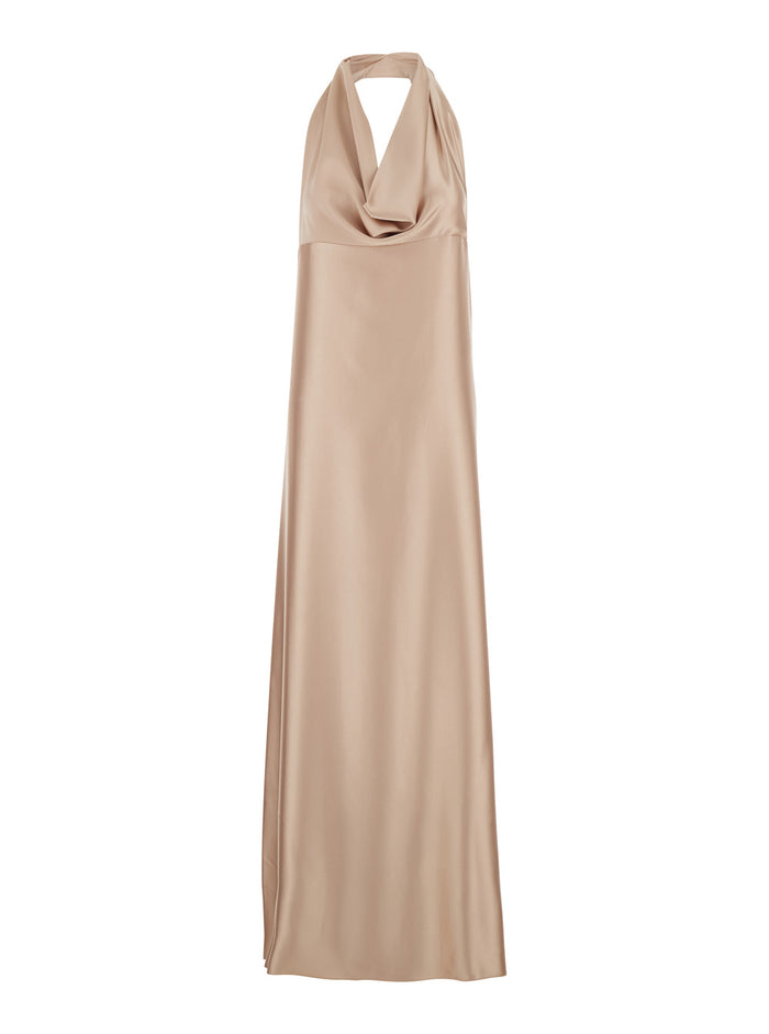 Beige Long Dress With Halterneck And Open Back Fabric Woman