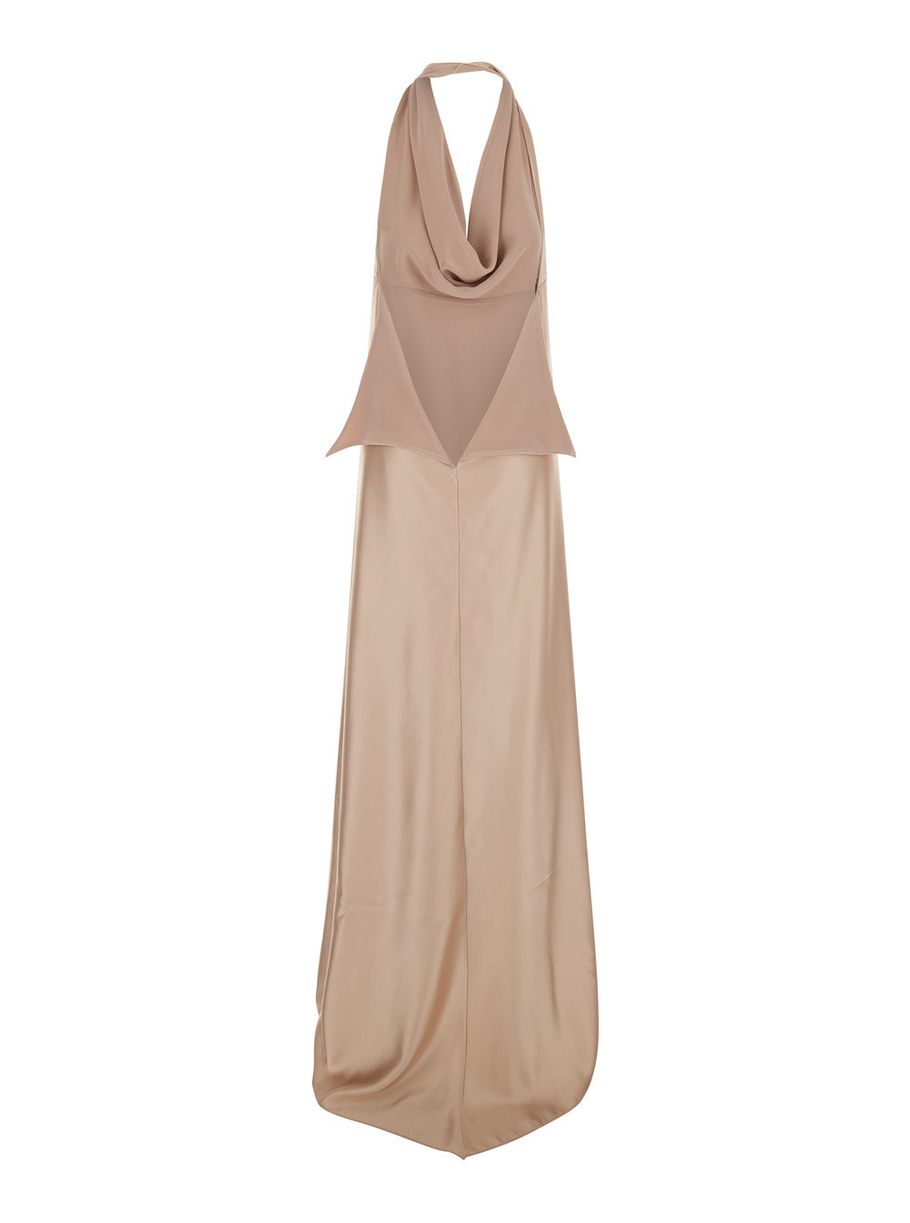 Beige Long Dress With Halterneck And Open Back Fabric Woman