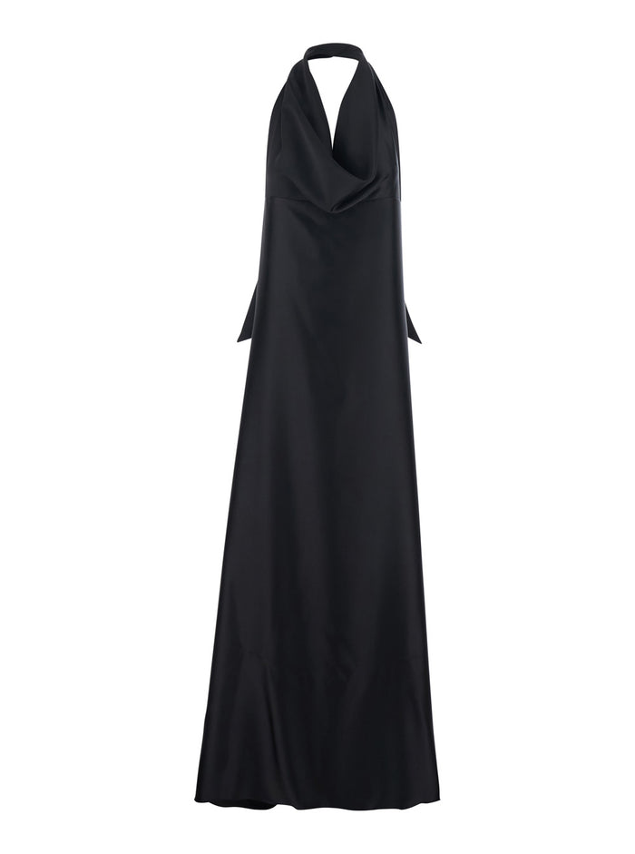 Black Long Dress With Halterneck And Open Back Fabric Woman
