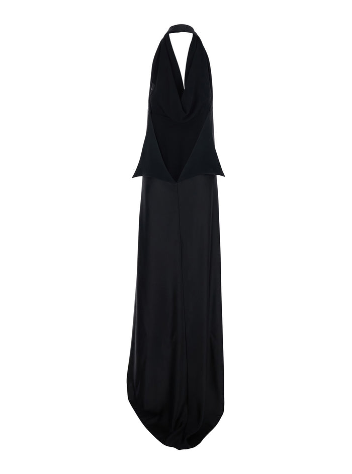 Black Long Dress With Halterneck And Open Back Fabric Woman