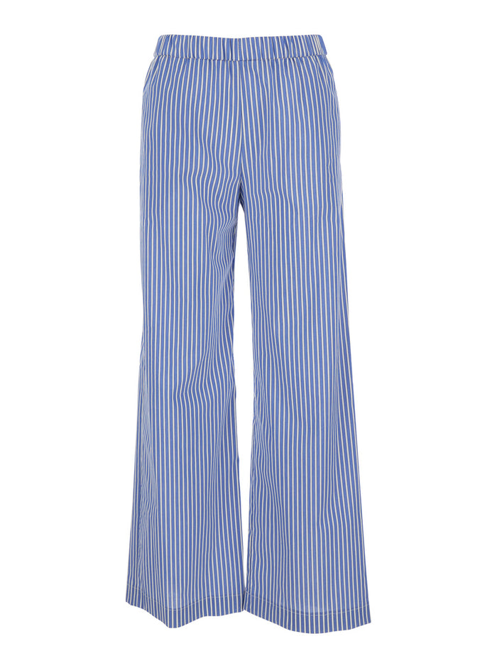 Blue Pants with Wide Leg and All-Over Stripes in Cotton Blend Woman Light Nylon Elastane Trousers
