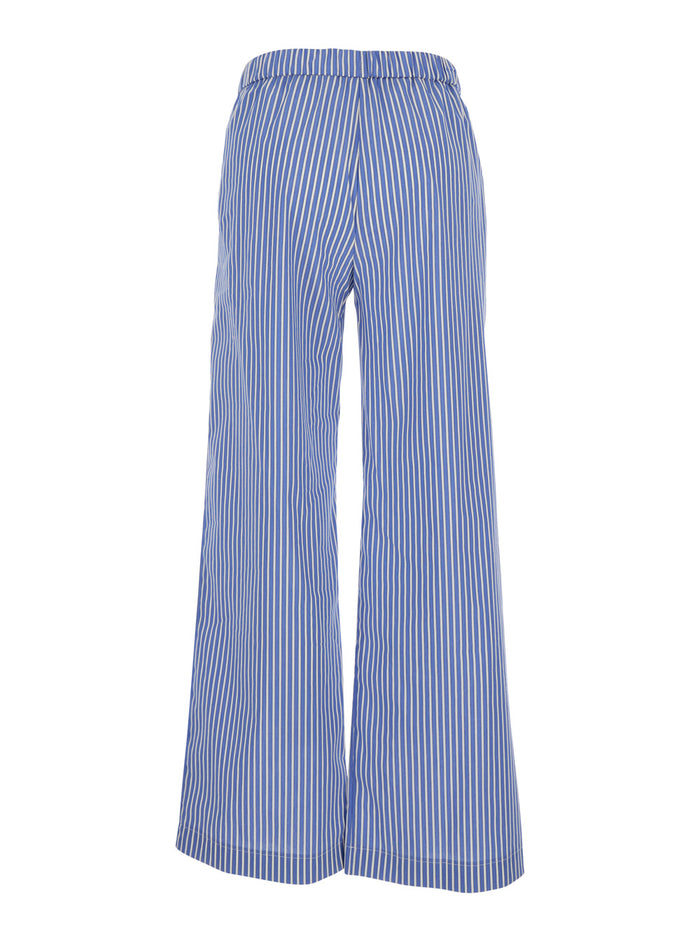 Blue Pants with Wide Leg and All-Over Stripes in Cotton Blend Woman Light Nylon Elastane Trousers