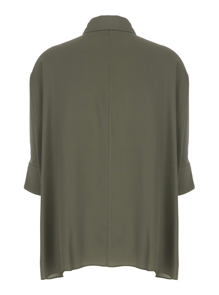 Silk Shirt with Classic Collar and Hidden Button Closure on Front Green Women Blouses