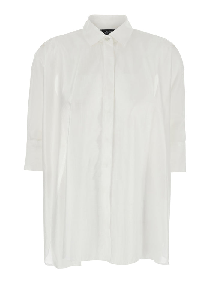 White Shirt with Classic Collar and Hidden Button Closure on the Front in Fabric Woman Chlorofibre Polyester Blouses