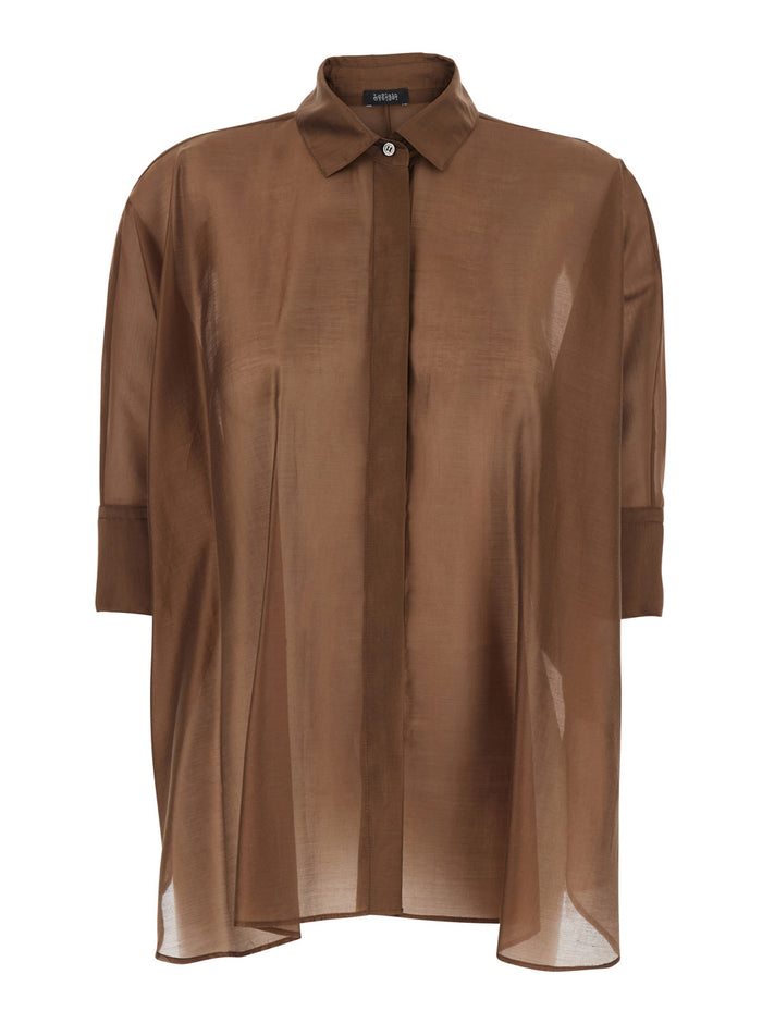 Shirt with Classic Collar and Hidden Button Closure on the Front in Brown Fabric for Women Chlorofibre Polyester Blouses