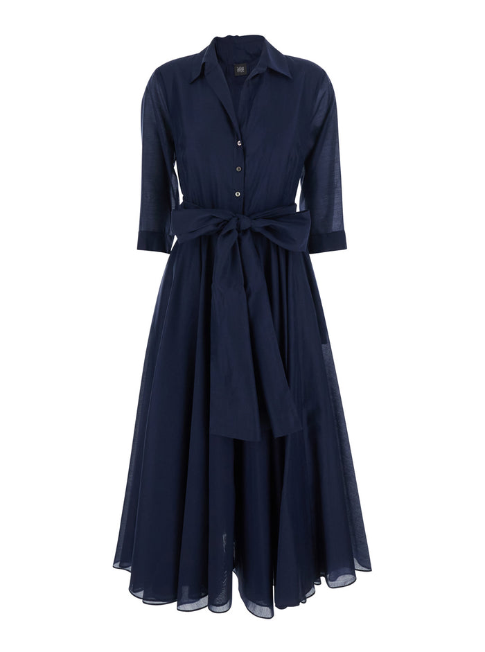 Blue Long Dress with Adjustable Waist Belt and Cuban Collar in Fabric Woman Blu