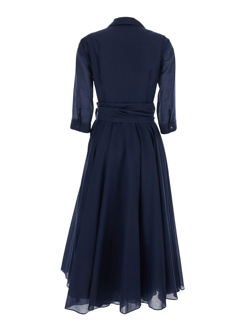 Blue Long Dress with Adjustable Waist Belt and Cuban Collar in Fabric Woman Blu