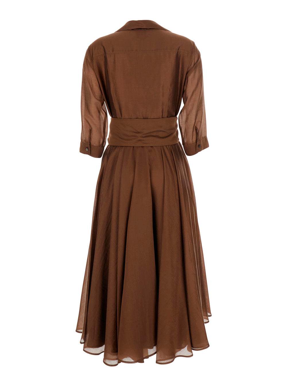 Brown Long Dress With Adjustable Waist Belt And Cuban Collar Fabric Woman