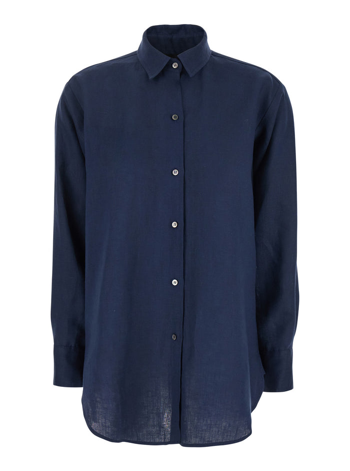 Blue Shirt with Classic Collar and Long Sleeves in Linen for Women Blu Blouses