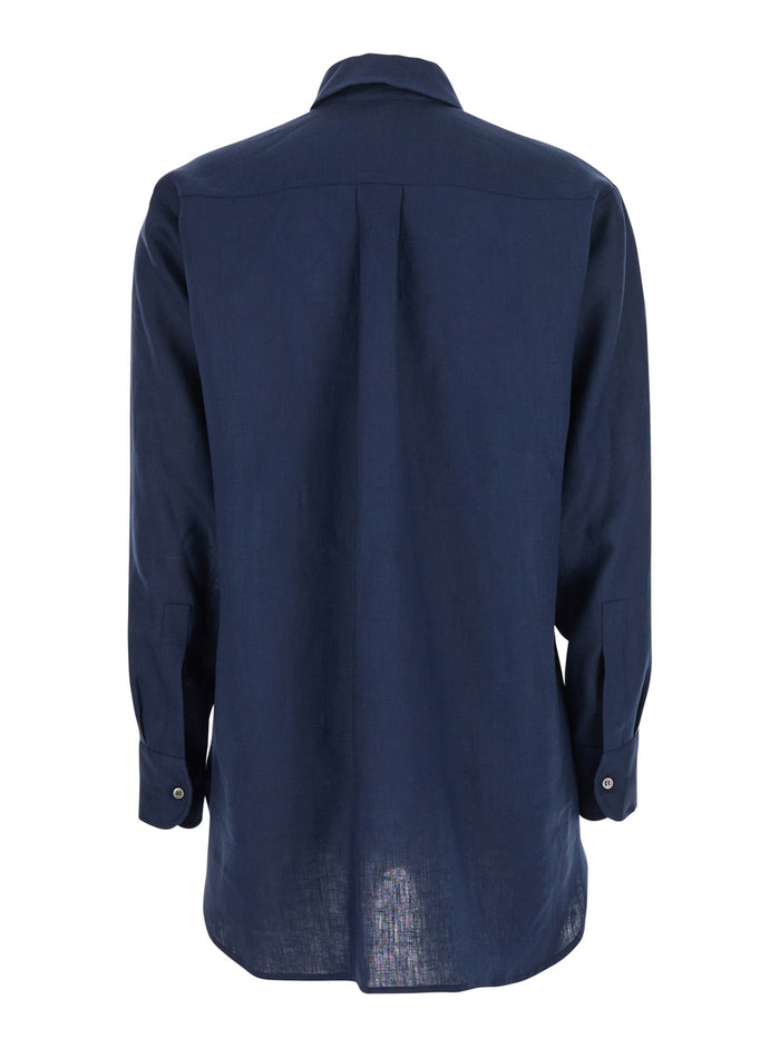 Blue Shirt with Classic Collar and Long Sleeves in Linen for Women Blu Blouses