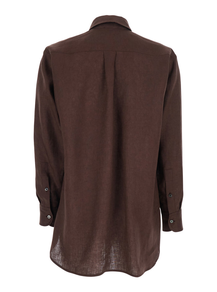 Brown Linen Shirt with Classic Collar and Button Closure Woman Blouses