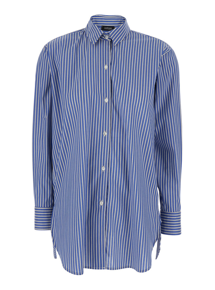 Shirt with Classic Collar and All-Over Striped Pattern in Blue Cotton for Women Blu Blouses