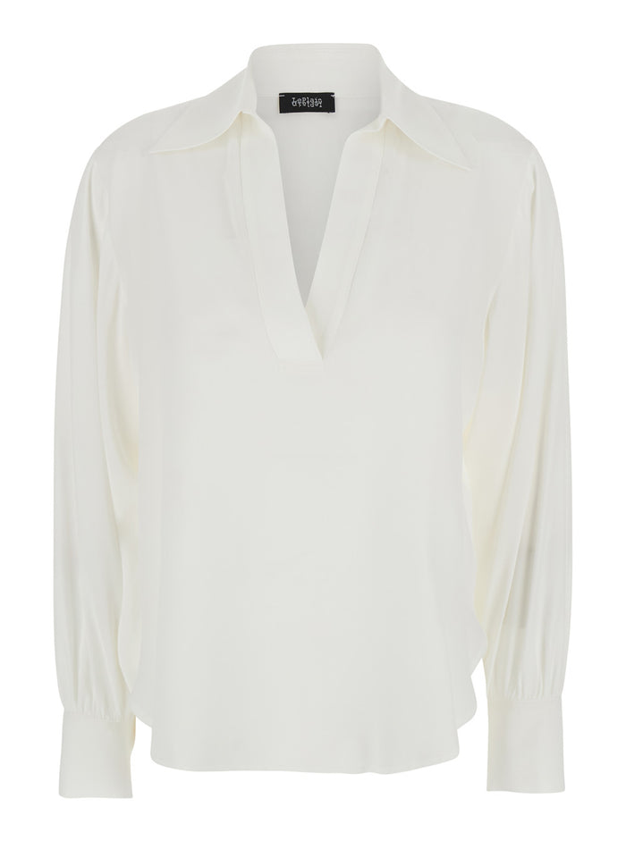 White Polo Shirt with V-Neck in Silk Blend Woman Acetate And Blouses
